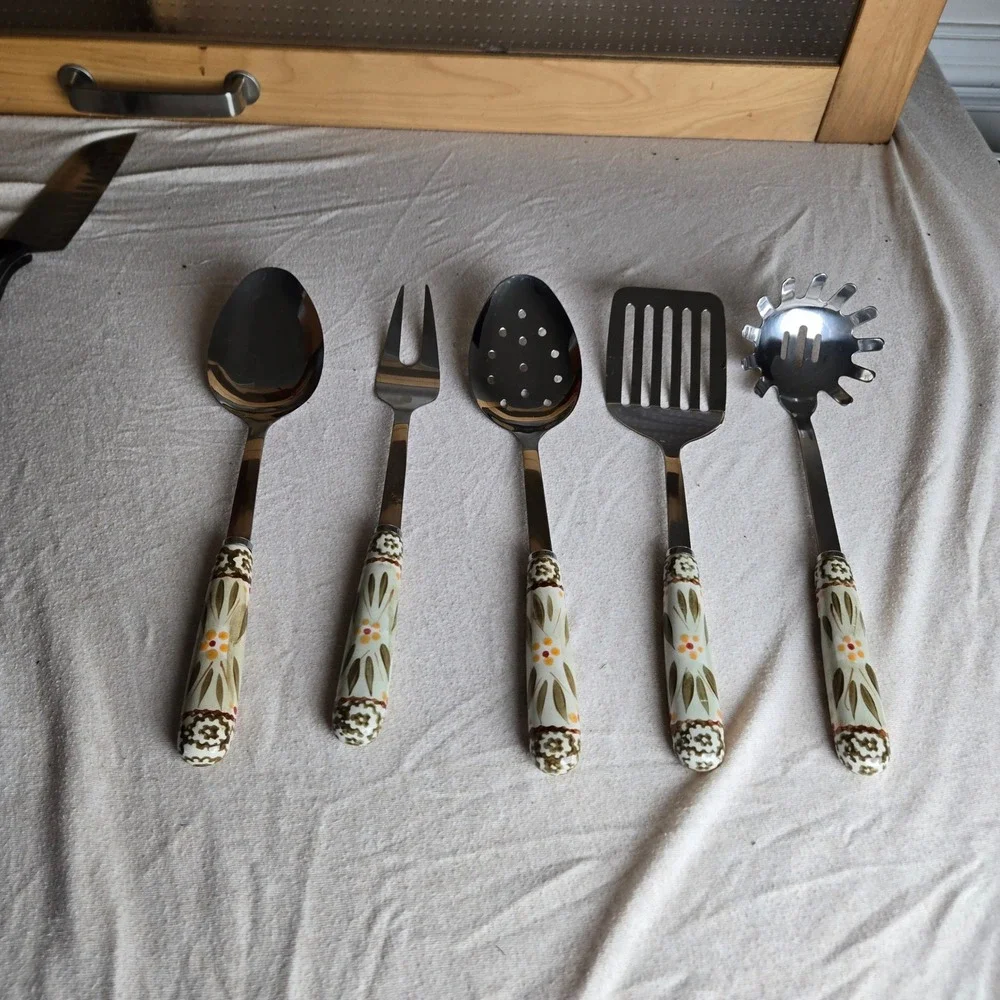 Temp-tations serving Utensil Set Green Old World ceramic 5pc stainless steel